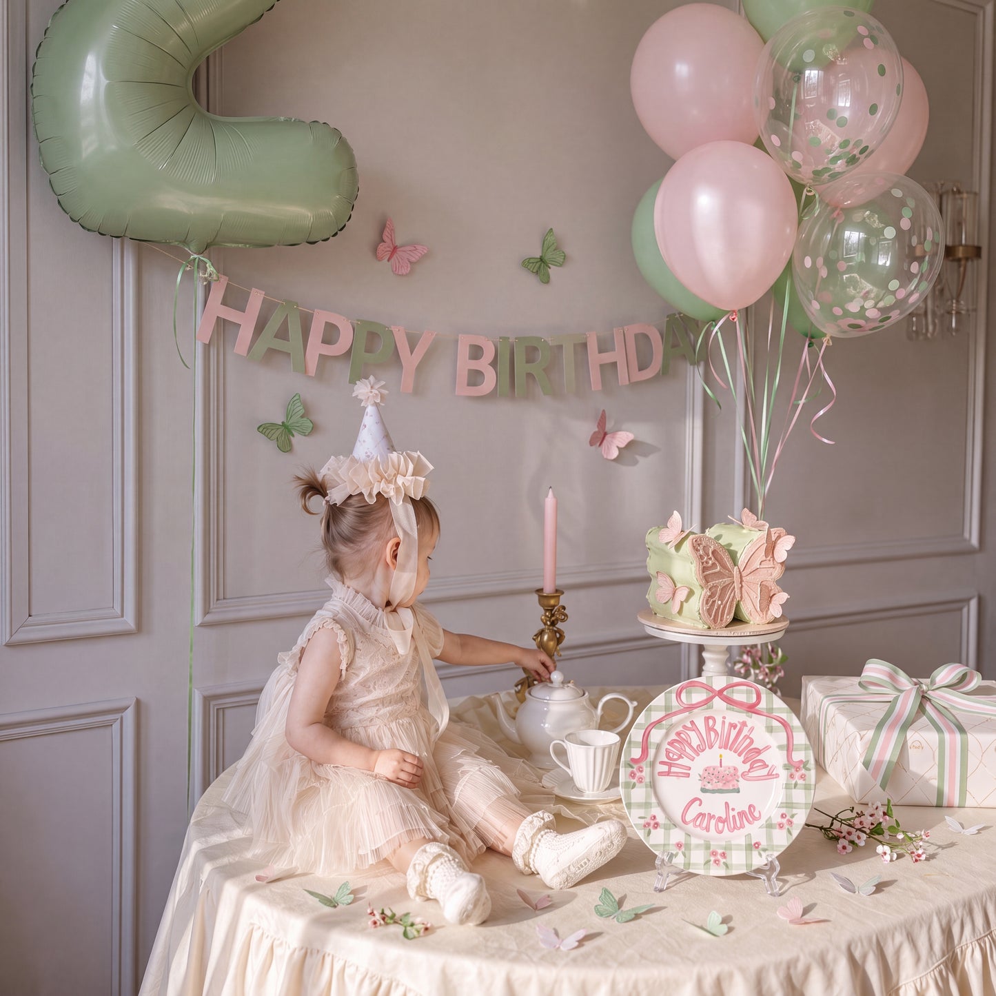 Custom Name Birthday Plate – Green Gingham Pink Bow & Rose Cake Design | B001