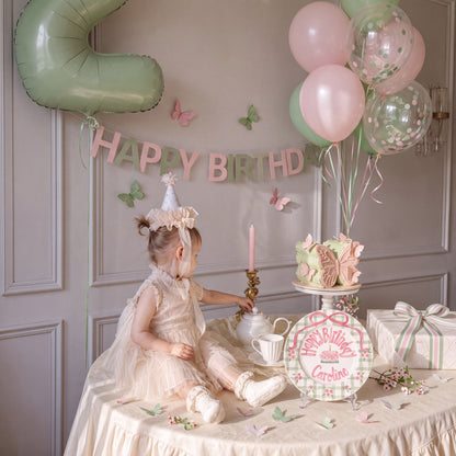 Personalized Birthday Plate – Green Gingham Bow & Rose Cake Design | B001