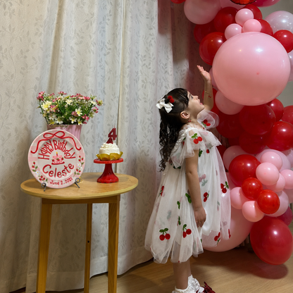 Custom Hand Painted Ceramic Birthday Plate, Strawberry Bow Gingham Plate, Personalized Birthday Plate with Date, Sweet One Birthday | B073
