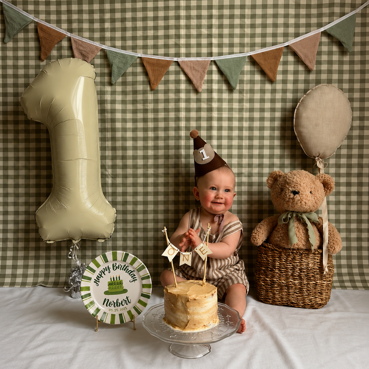 Custom Hand Painted Ceramic Birthday Plate, Green Striped Birthday Dish, Personalized Birthday Plate Date, First Birthday Gift Boyay Tradition Heirloom Keepsake | B006