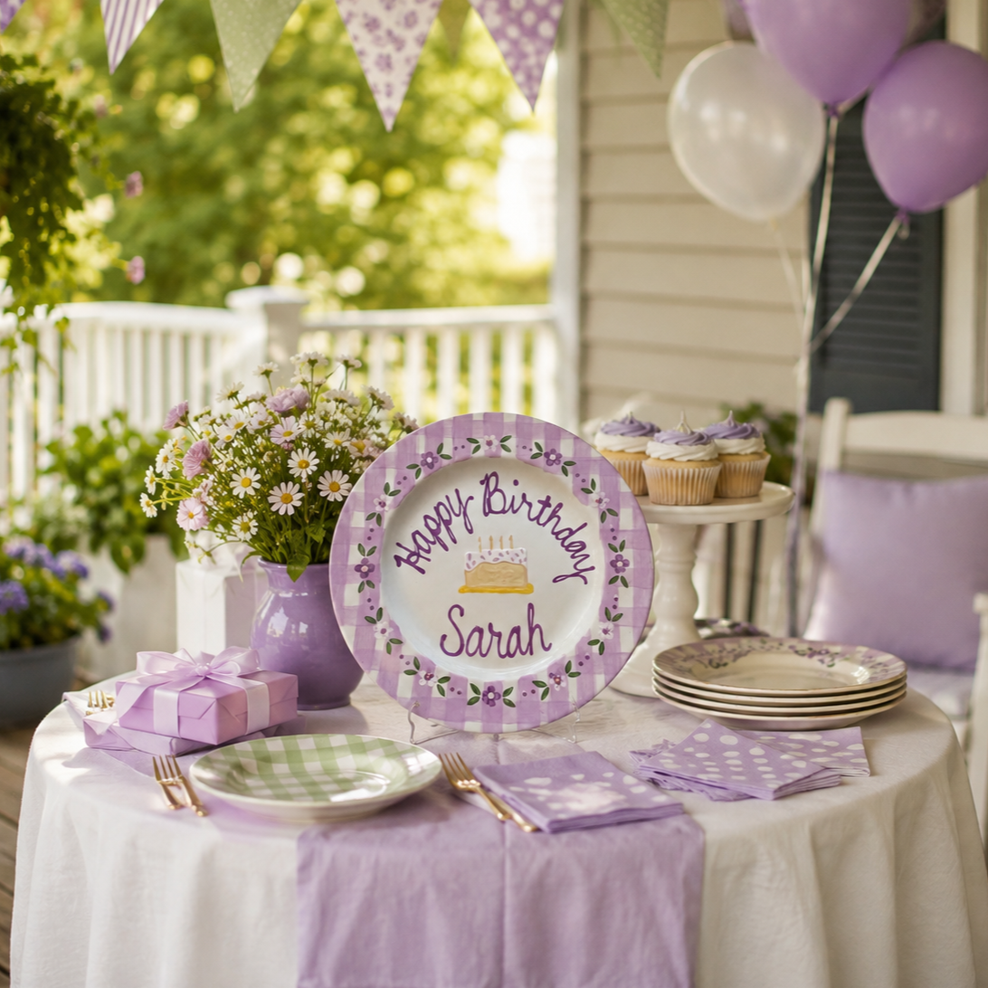 Custom Hand Painted Ceramic Birthday Plate, Lavender Gingham Floral Plate, Personalized Birthday Plate, First Birthday Gift Girl | B005