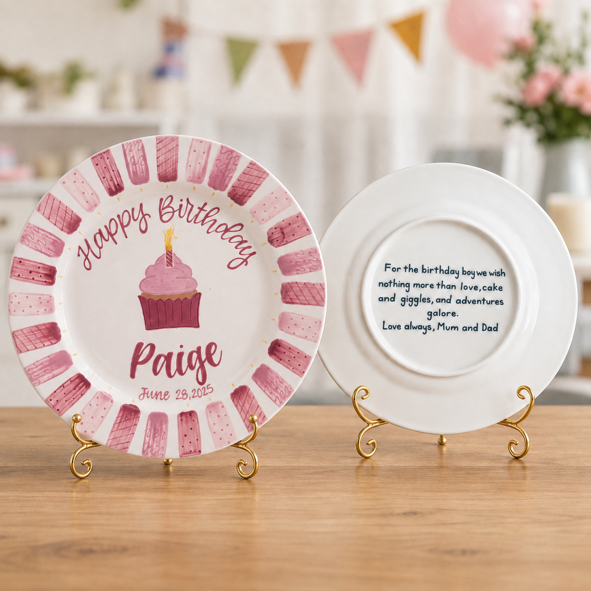 Personalized Birthday Plate for Girl, Pink Cupcake Ceramic Keepsake, Custom Name & Date Birthday Plate | BGI024