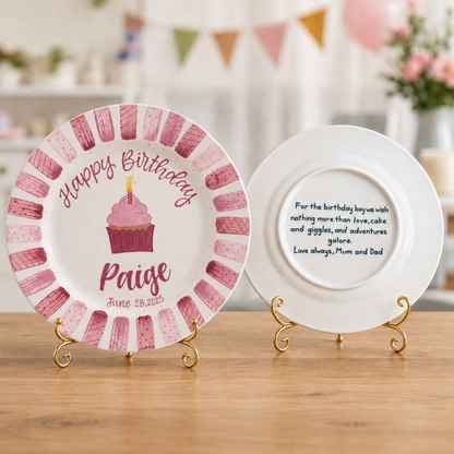 Personalized Birthday Plate for Girl, Pink Cupcake Ceramic Keepsake, Custom Name & Date Birthday Plate | BGI024