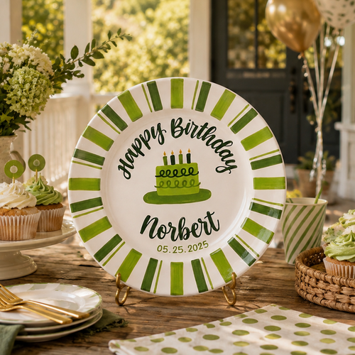 Custom Hand Painted Ceramic Birthday Plate, Green Striped Birthday Dish, Personalized Birthday Plate Date, First Birthday Gift Boyay Tradition Heirloom Keepsake | B006
