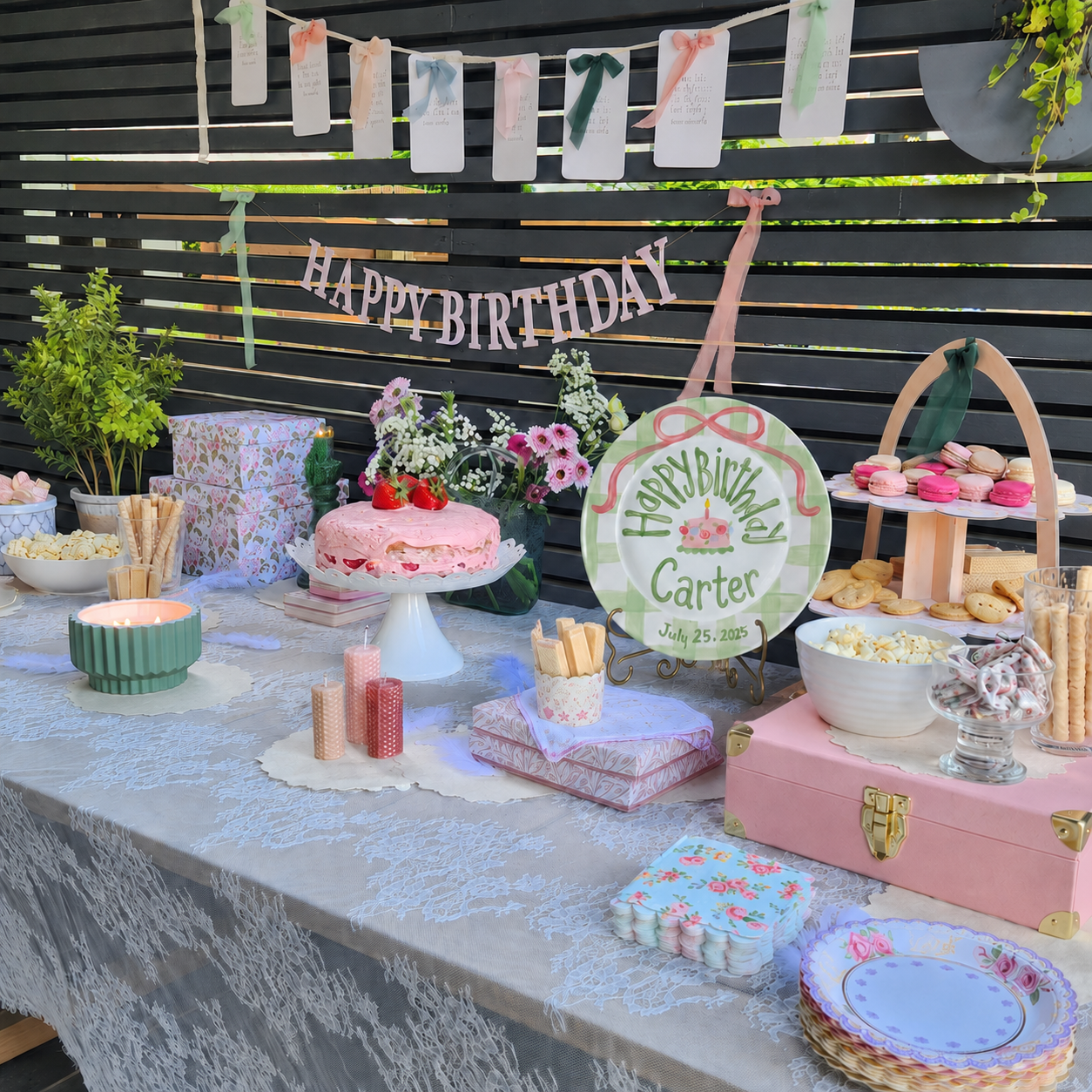 Sage Gingham Edge Birthday Plate, Hand-Painted Pink Ribbon & Cake Design, Custom Name Ceramic Plate | B036