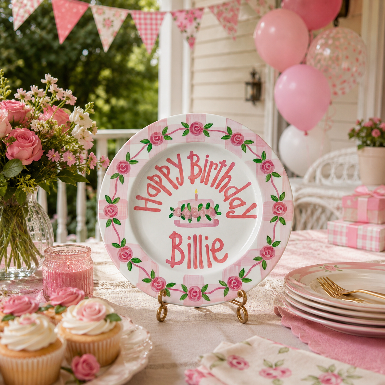 Hand-Painted Rose Garland Ceramic Birthday Plate, Pink Gingham Border, Personalized Name Keepsake, Girl Party Decor | B034
