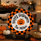 Custom Hand Painted Halloween Ceramic Plate, Orange Black Checkerboard Plate, Personalized Family Name Dish, Halloween Decor Keepsake | H004