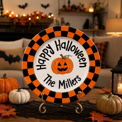 Personalized Halloween Plate, Custom Family Name Ceramic Plate, Orange Black Checkerboard Dish, Pumpkin Keepsake | H004