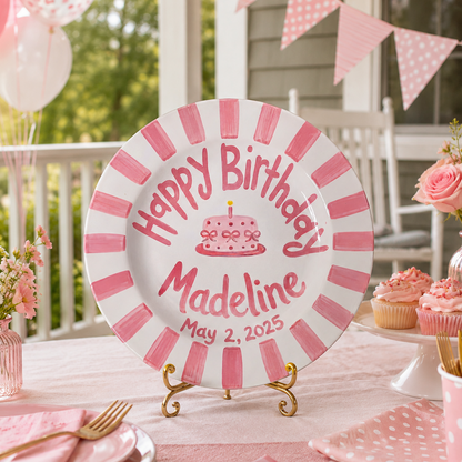 Pink Stripes Birthday Plate, Hand-Painted Pink Cake Design, Custom Name & Date Ceramic Keepsake, Toddler Gift | B023