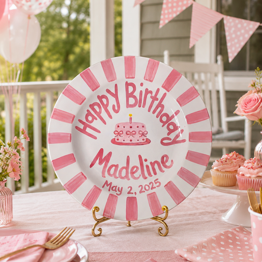 Personalized Ceramic Birthday Plate, Hand-Painted Pink Striped Edge, Custom Birthday Name Keepsake | B023