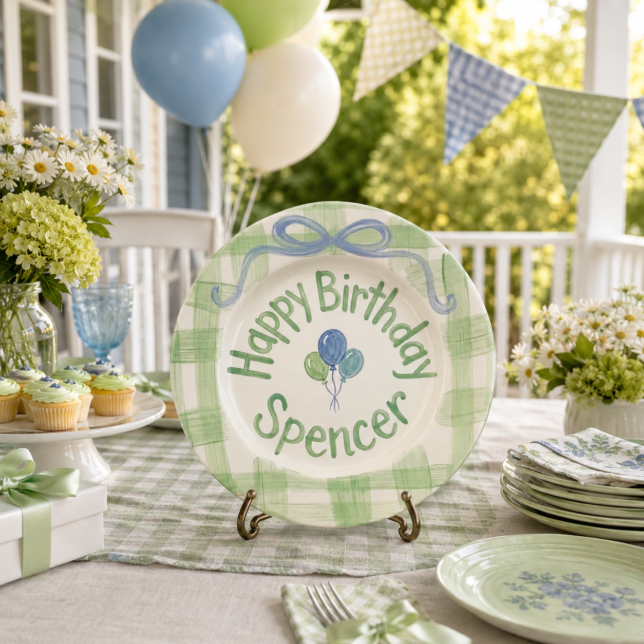 Personalized Green Birthday Plate, Custom Ceramic Birthday Dish, Green Gingham Blue Bow Plate, Boys Birthday Tradition Keepsake | B086