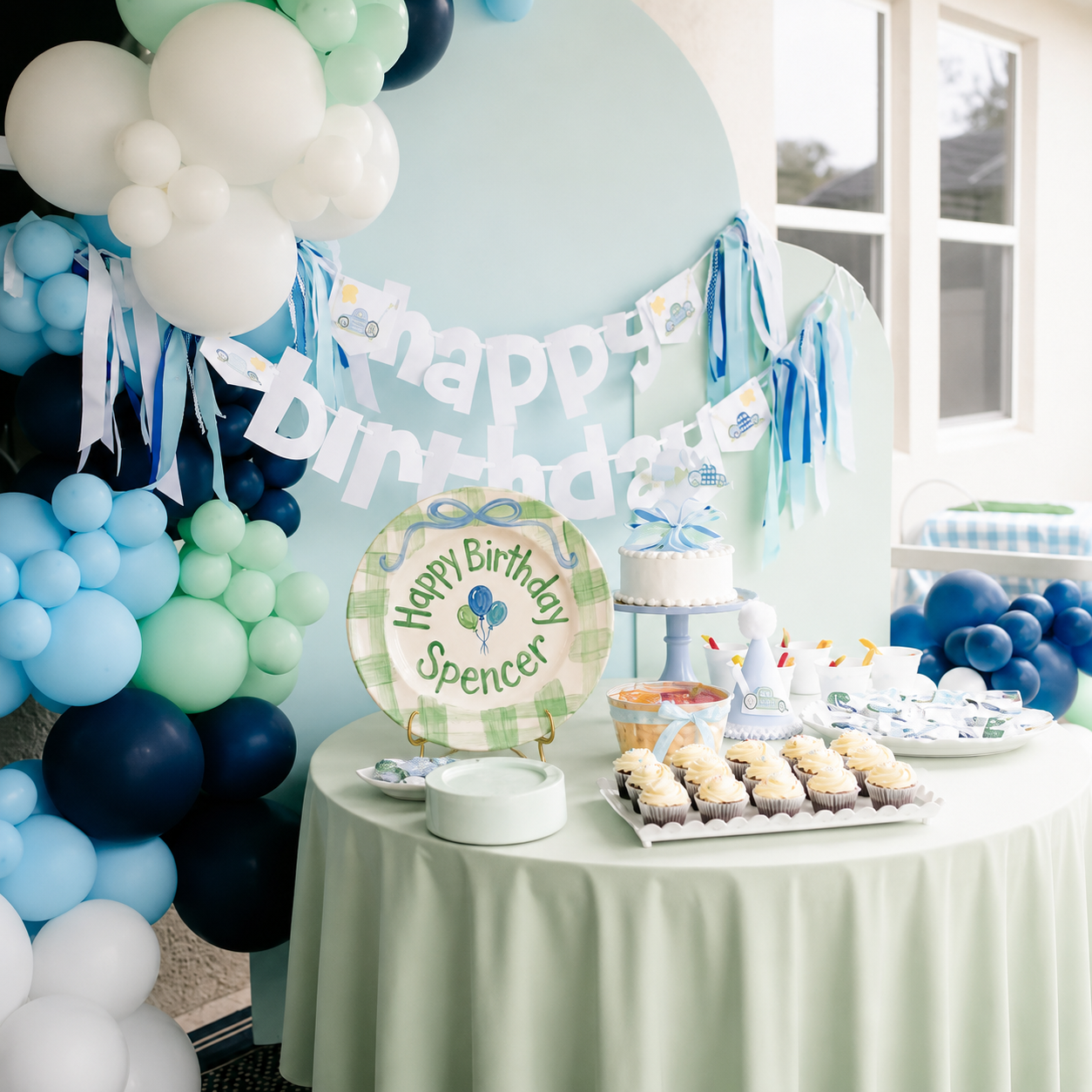 Personalized Green Birthday Plate, Custom Ceramic Birthday Dish, Green Gingham Blue Bow Plate, Boys Birthday Tradition Keepsake | B086