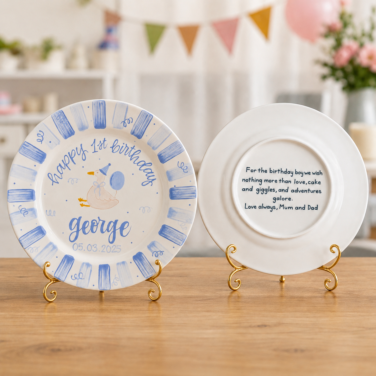 Custom Hand Painted Ceramic Birthday Plate, Blue Striped Goose Dish, Personalized Birthday Plate Date, First Birthday Gift Boy | BGI017