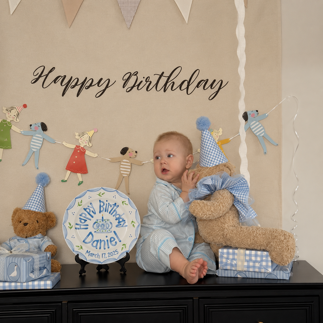 Blue Scalloped Birthday Plate, Hand-Painted Birthday Cake Design, Custom Name Ceramic Keepsake, First Birthday | B046