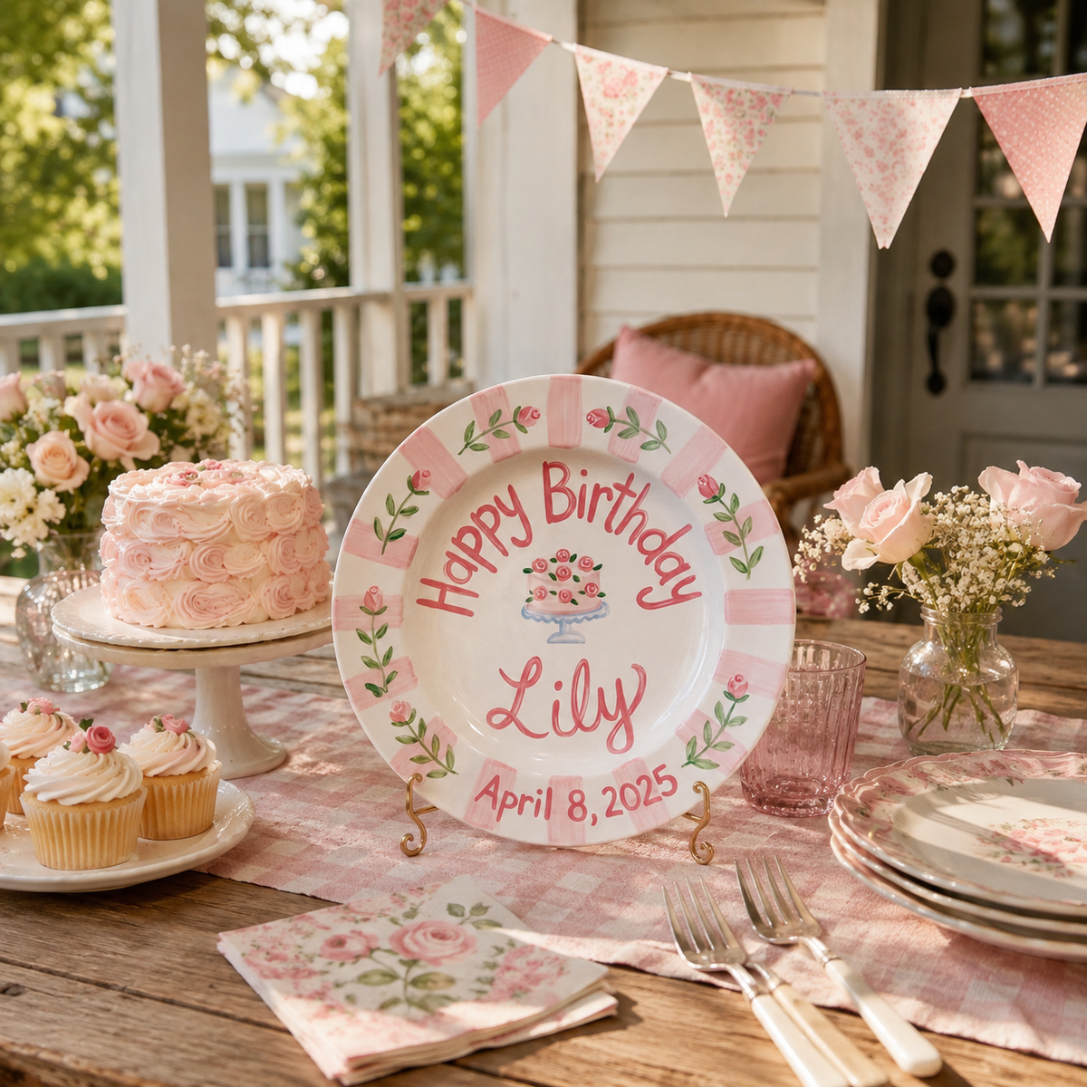 Custom Hand Painted Ceramic Birthday Plate, Pink Striped Rose Dish, Personalized Birthday Plate Date, First Birthday Gift Girl | B014