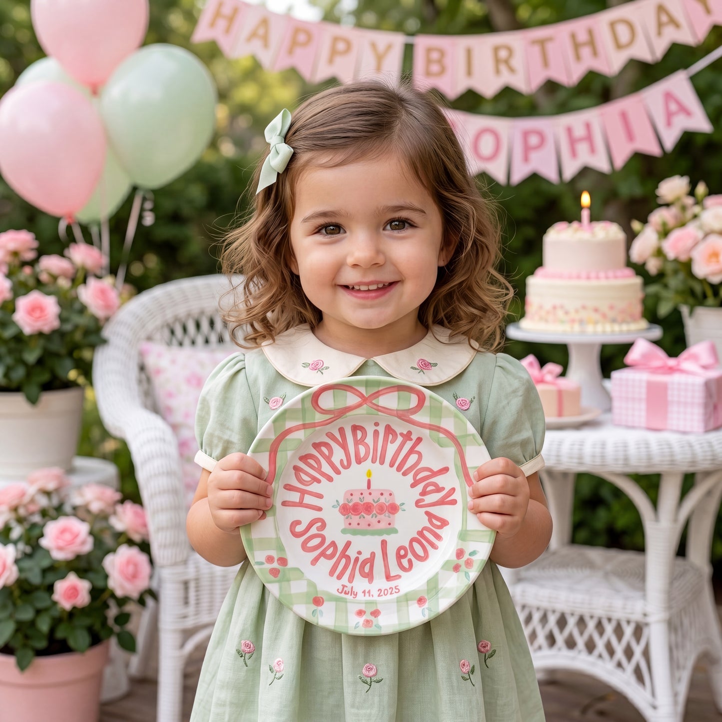 Personalized Birthday Plate – Green Gingham Bow & Rose Cake Design | B001