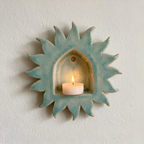 Handcrafted Red Sunburst Ceramic Wall Candle Sconce, Burgundy Sun Medallion Tealight Holder • HX35