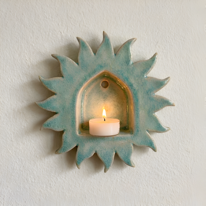 Handcrafted Red Sunburst Ceramic Wall Candle Sconce, Burgundy Sun Medallion Tealight Holder • HX35