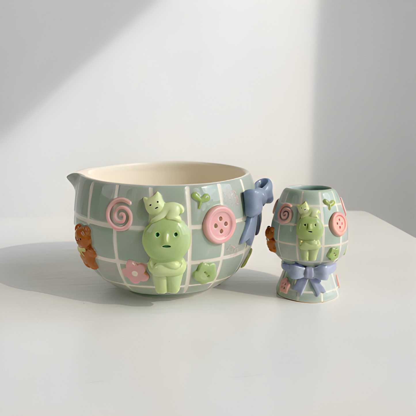 Cute Smiski 3D Pastel Ceramic Matcha Bowl and Whisk Holder Set – Handcrafted Matchawanwl • HX02