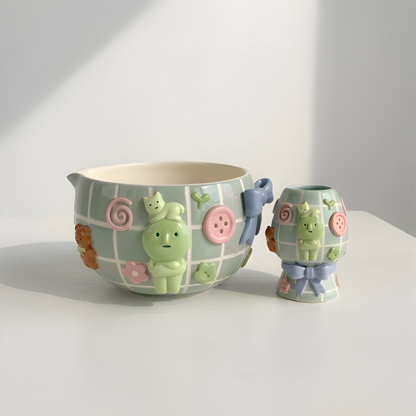 Cute Smiski 3D Pastel Ceramic Matcha Bowl and Whisk Holder Set – Handcrafted Matchawanwl • HX02