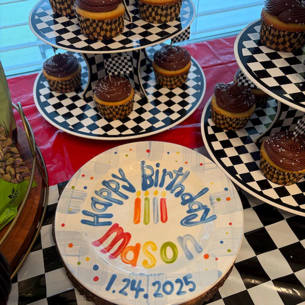 Personalized Birthday Plate – Blue Plaid Border, Colorful Polka Dots & Birthday Candles Design | BHL015