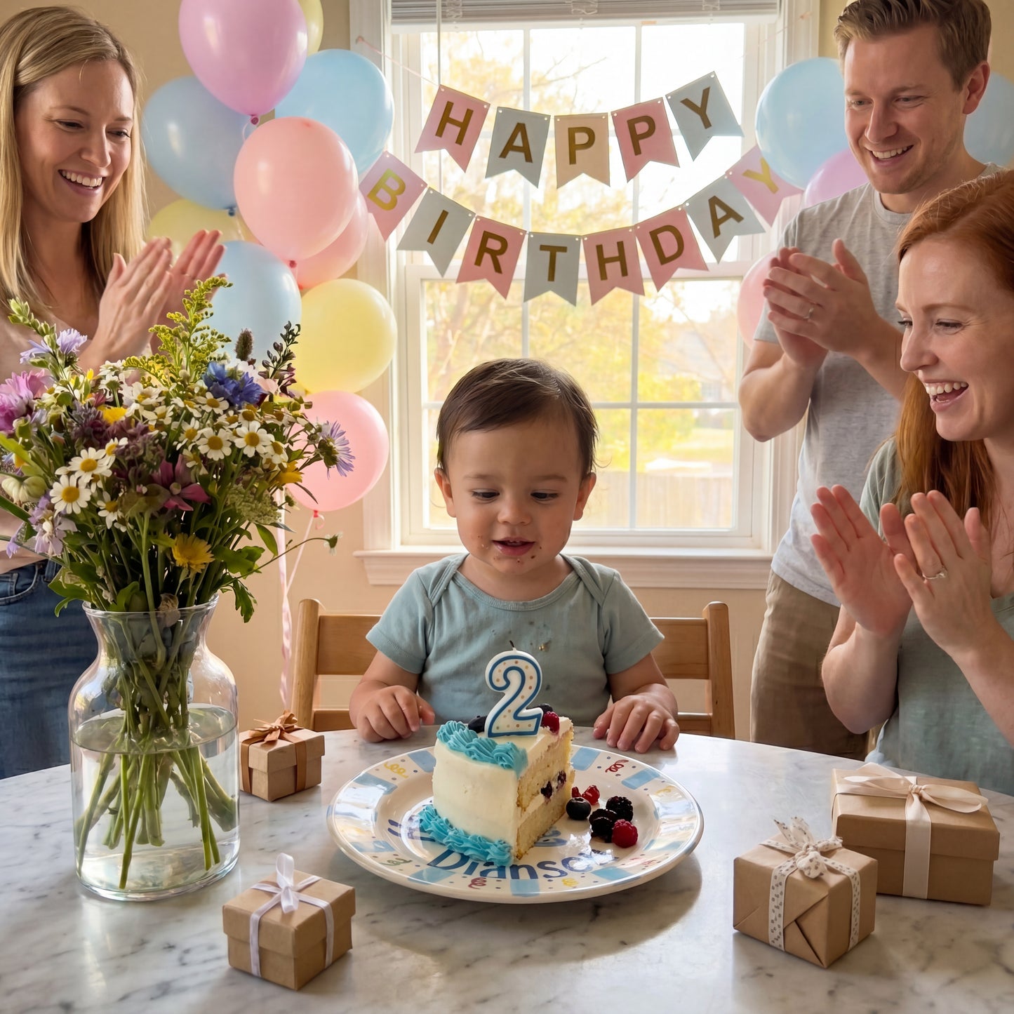 Personalized Birthday Plate – Blue Cake & Party Streamers Design | B072