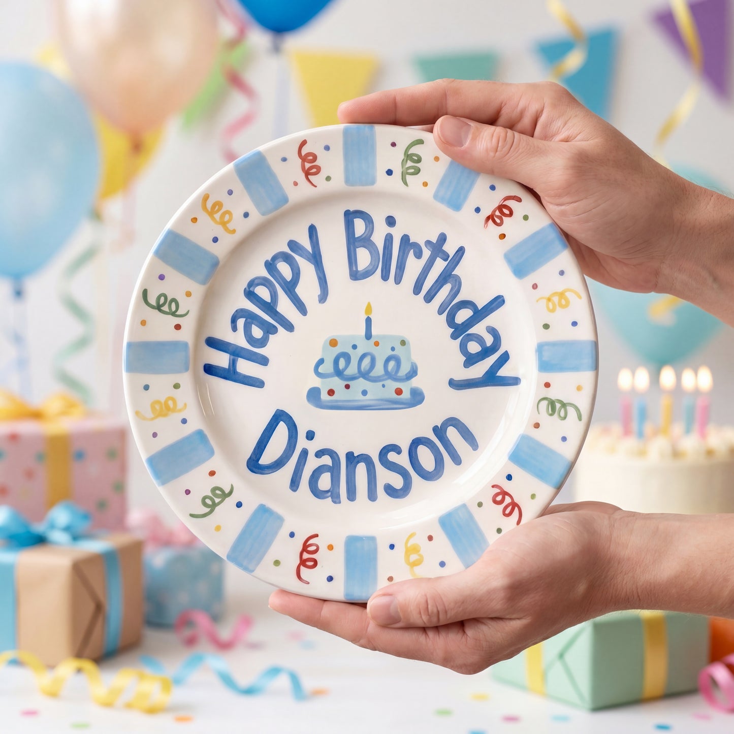 Personalized Birthday Plate – Blue Cake & Party Streamers Design | B072