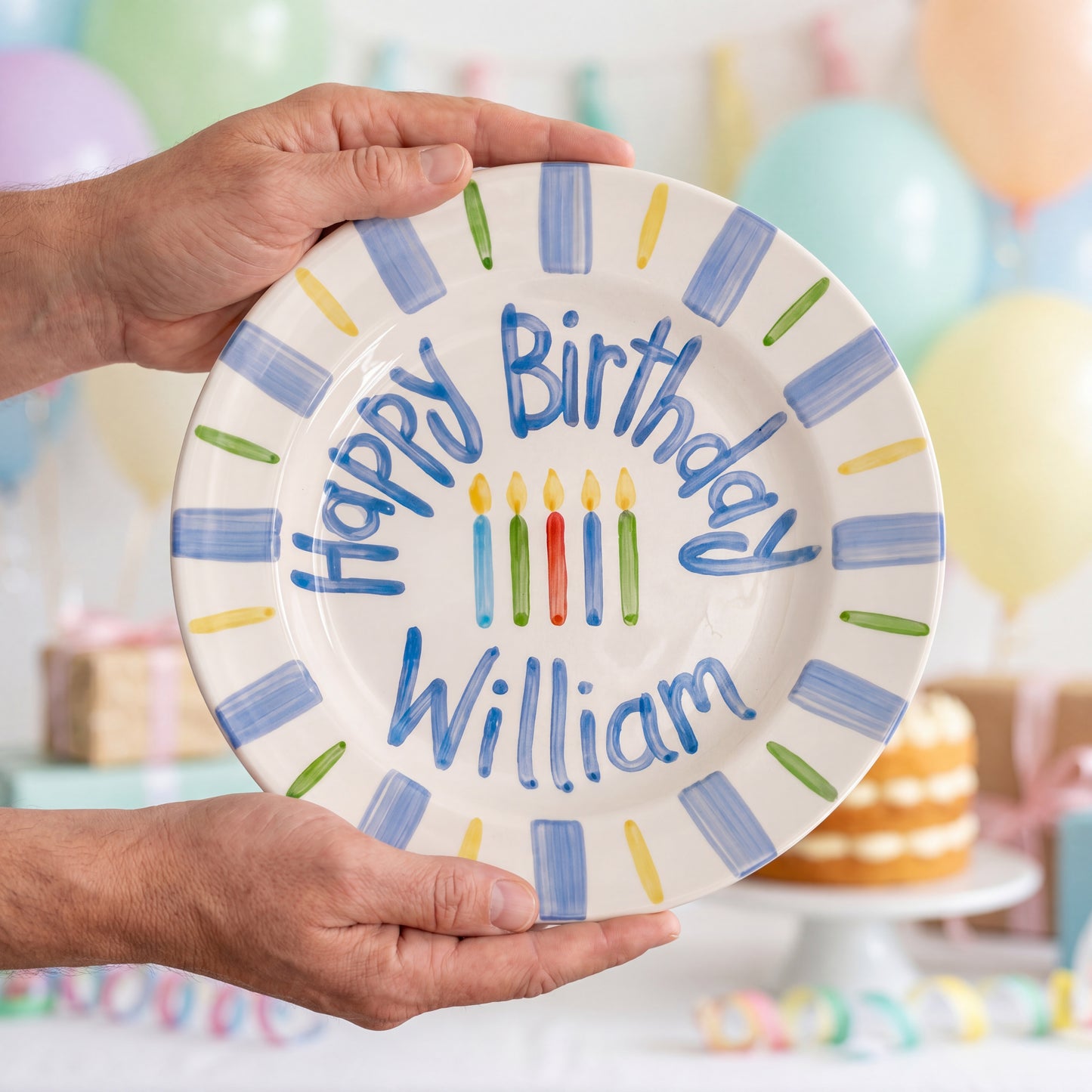 Personalized Birthday Plate – Blue Stripe & Colorful Candle Design | B070