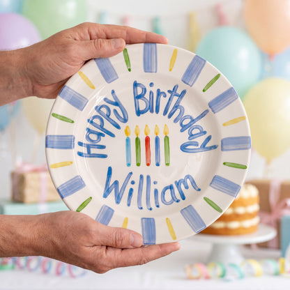 Personalized Birthday Plate – Blue Stripe & Colorful Candle Design | B070