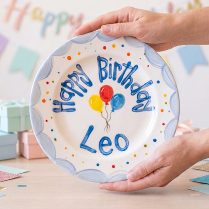 Personalized Birthday Plate – Blue Scalloped Edge with Balloons & Dots | B068