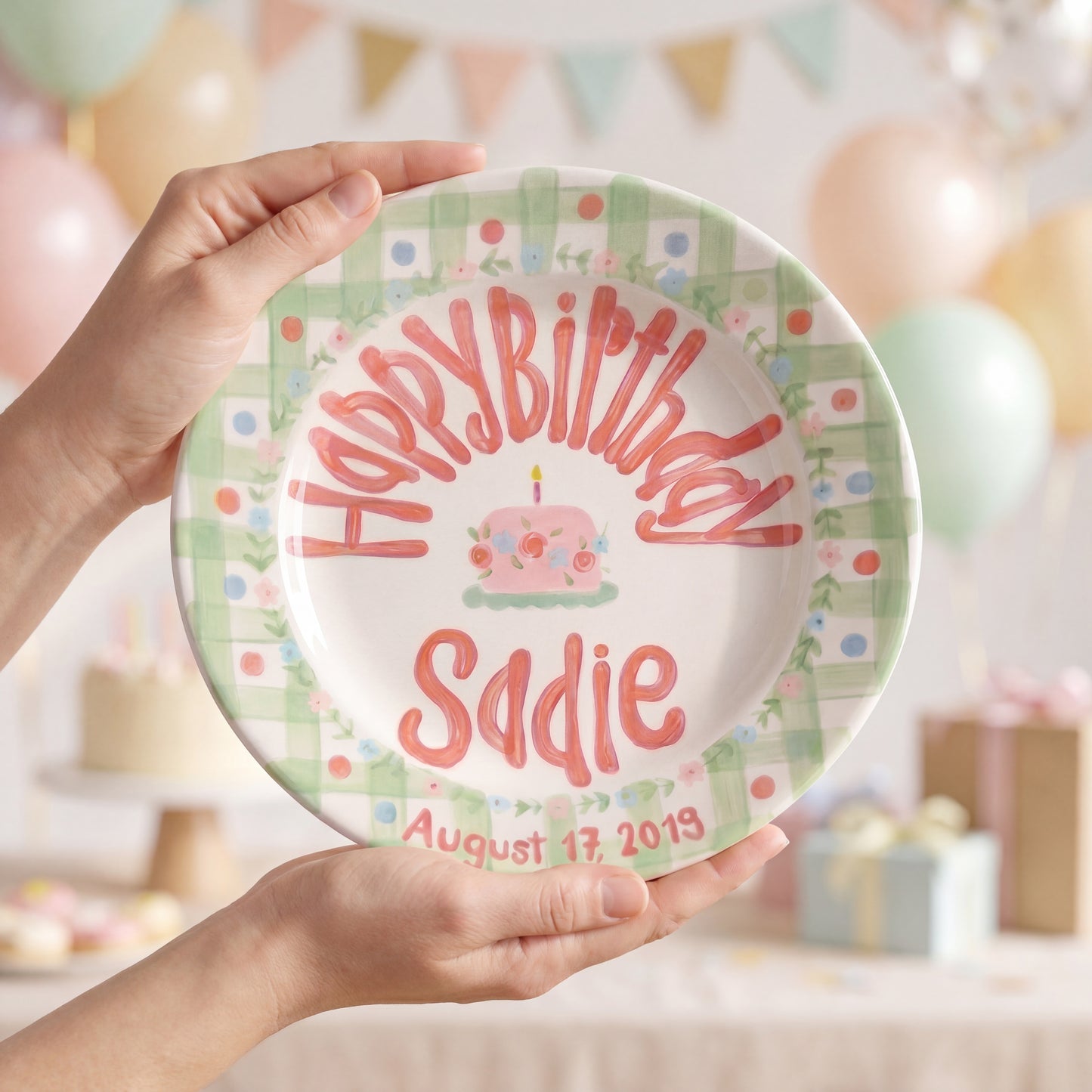 Personalized Birthday Plate – Green Gingham, Flowers & Pink Cake Design | B066