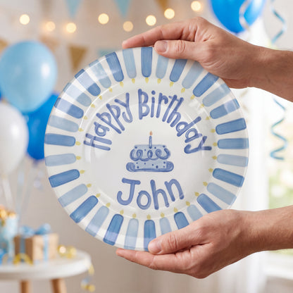 Personalized Birthday Plate – Blue Cake & Stripe Design | B032