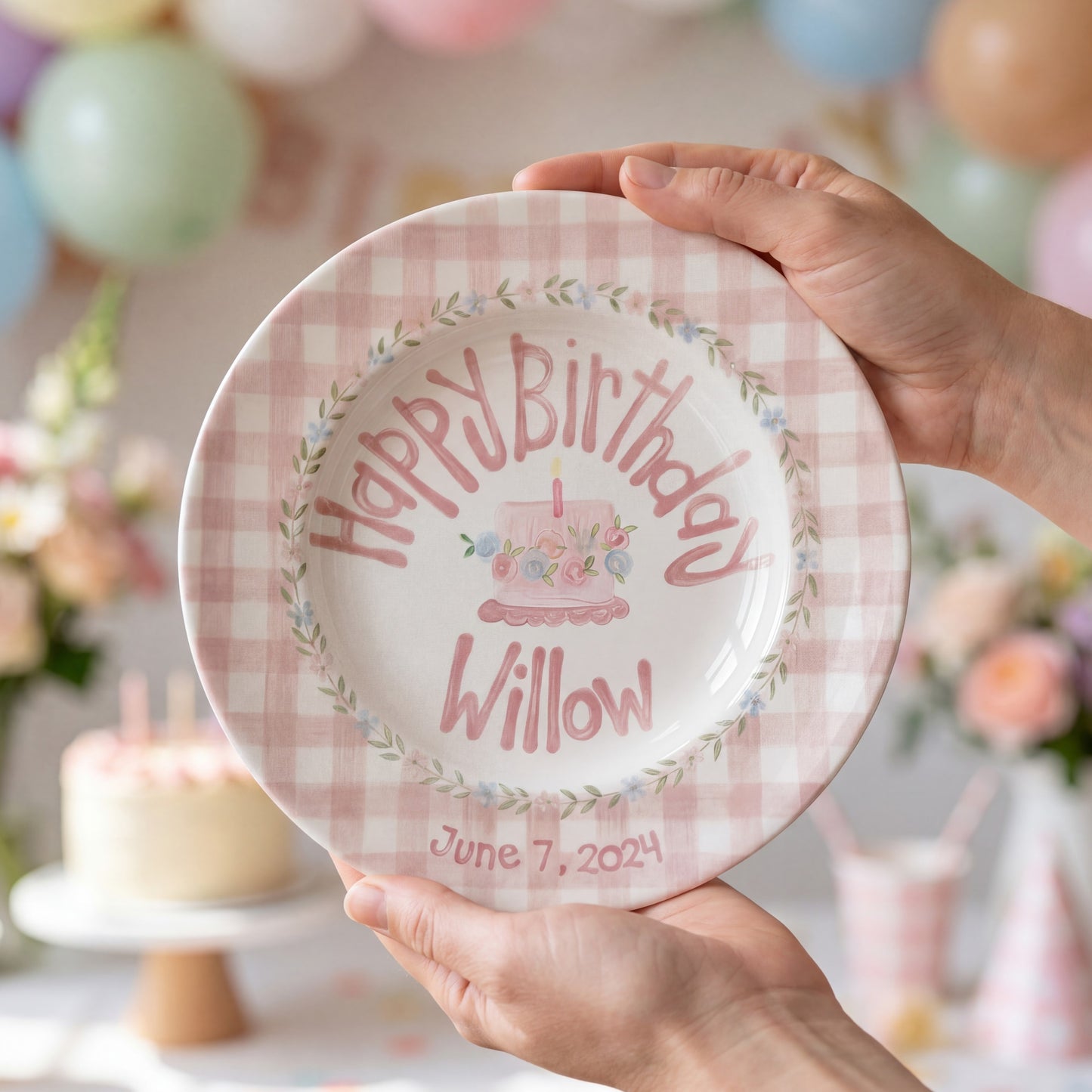 Personalized Birthday Plate – Pink Gingham Floral Wreath & Cake Design | B065