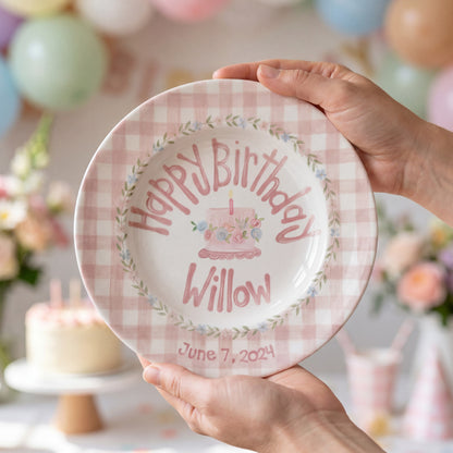 Personalized Birthday Plate – Pink Gingham Floral Wreath & Cake Design | B065