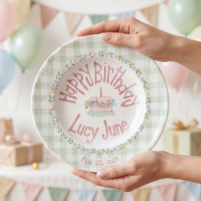 Personalized Birthday Plate – Green Gingham Floral Wreath & Cake Design | B064