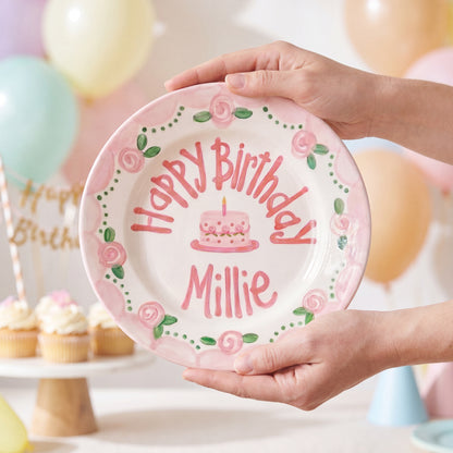 Personalized Birthday Plate – Pink Rose Garland & Cake Design | B063