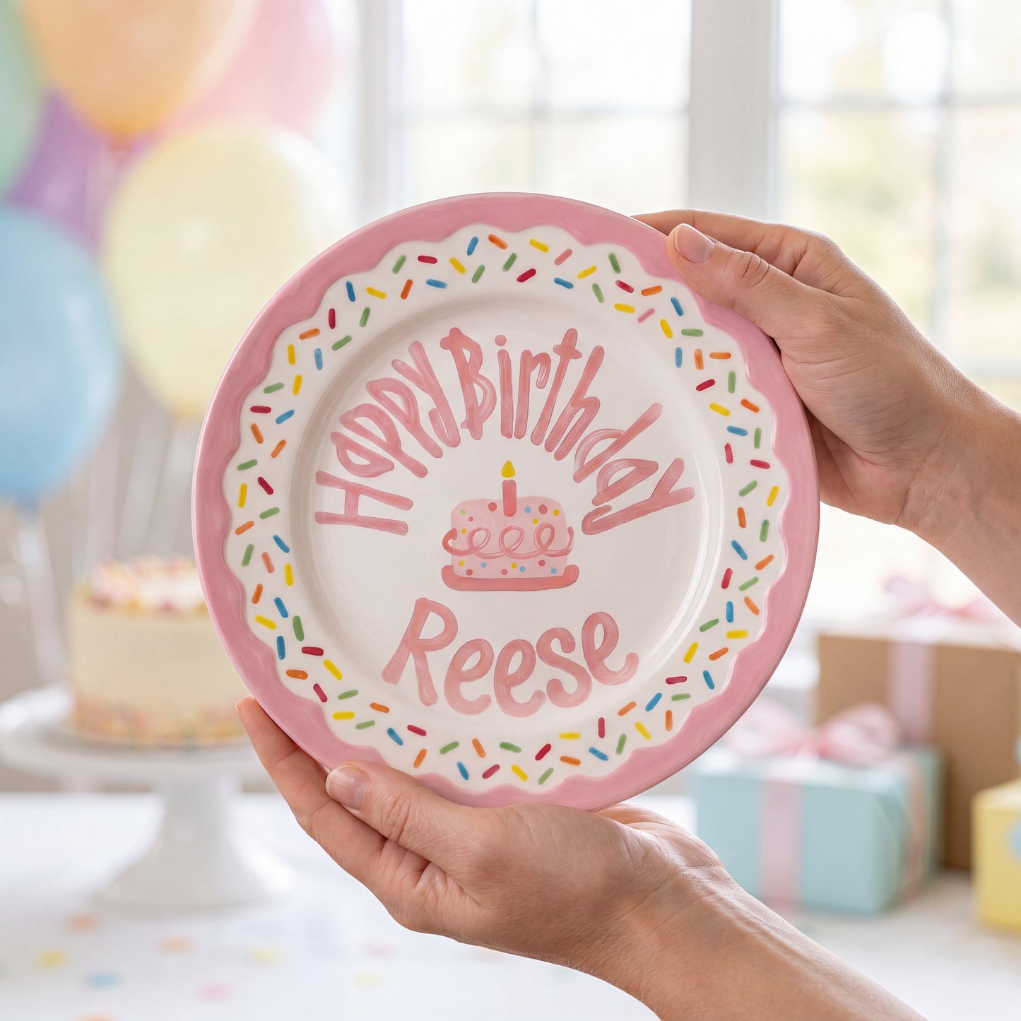 Personalized Birthday Plate – Pink Sprinkles & Cake Design | B061