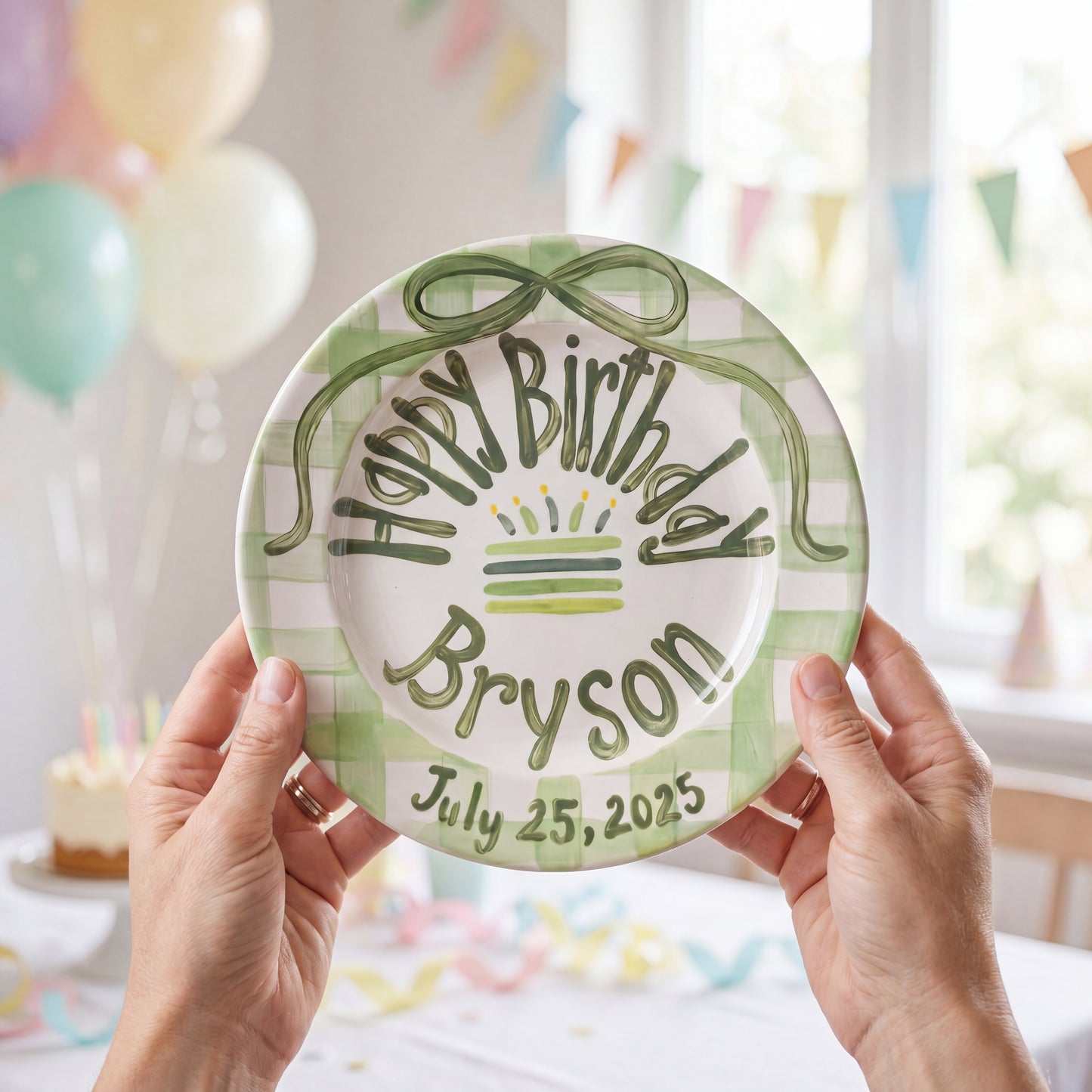 Personalized Birthday Plate – Green Gingham Bow & Cake Design | B058