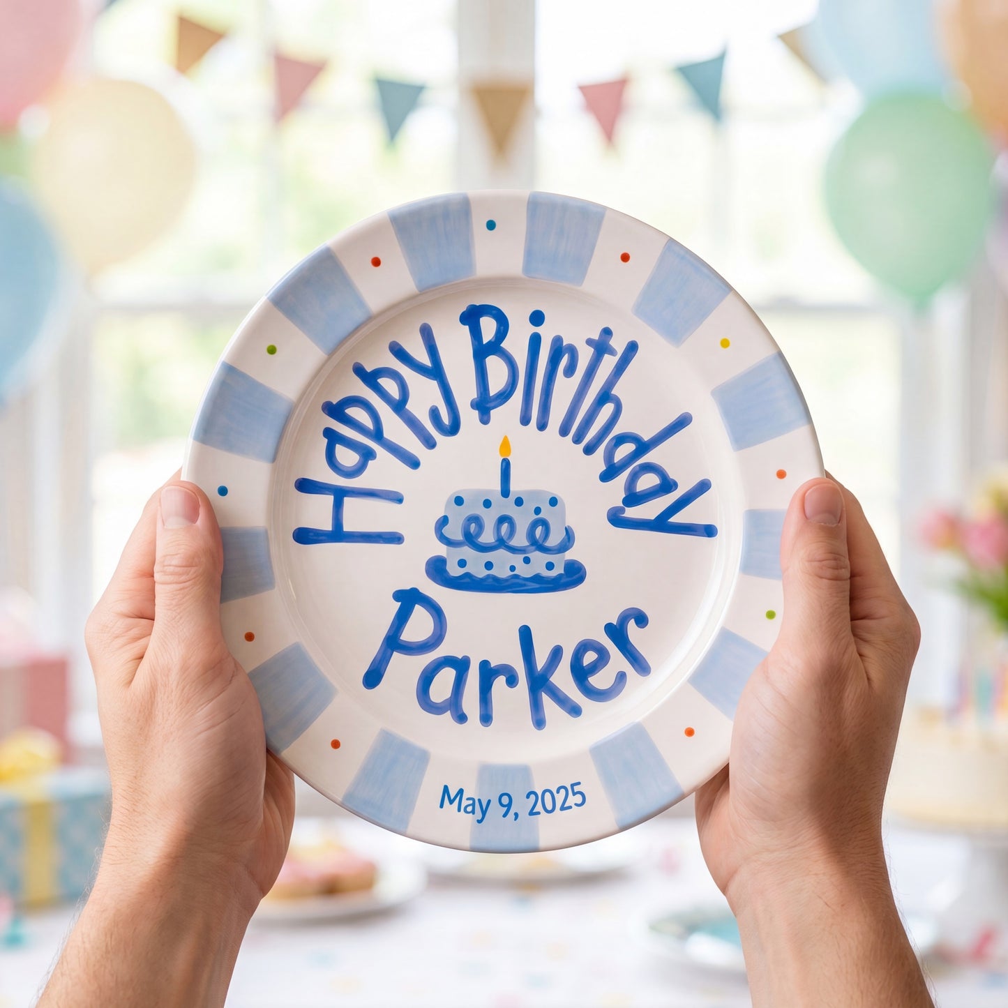 Personalized Birthday Plate – Blue Striped Cake & Polka Dot Design | B057