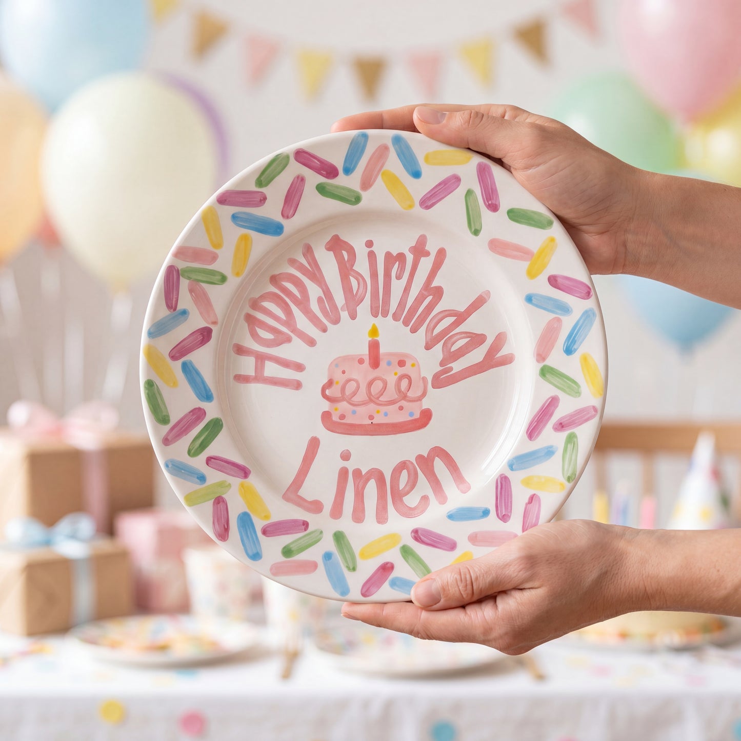 Personalized Birthday Plate – Pink Cake & Colorful Sprinkle Border Design | B055
