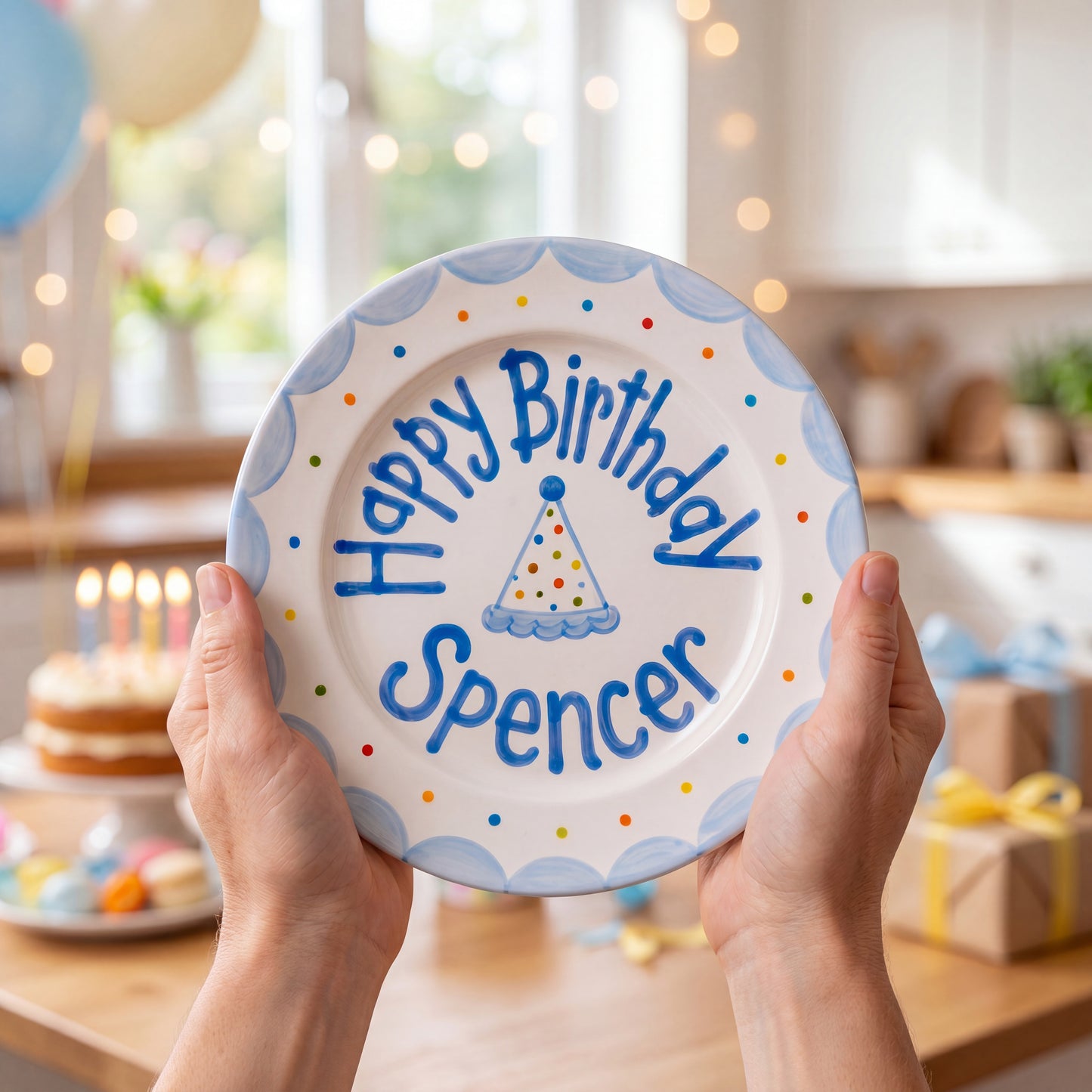 Personalized Birthday Plate – Polka Dot Party Hat & Blue Scalloped Border Design | B053