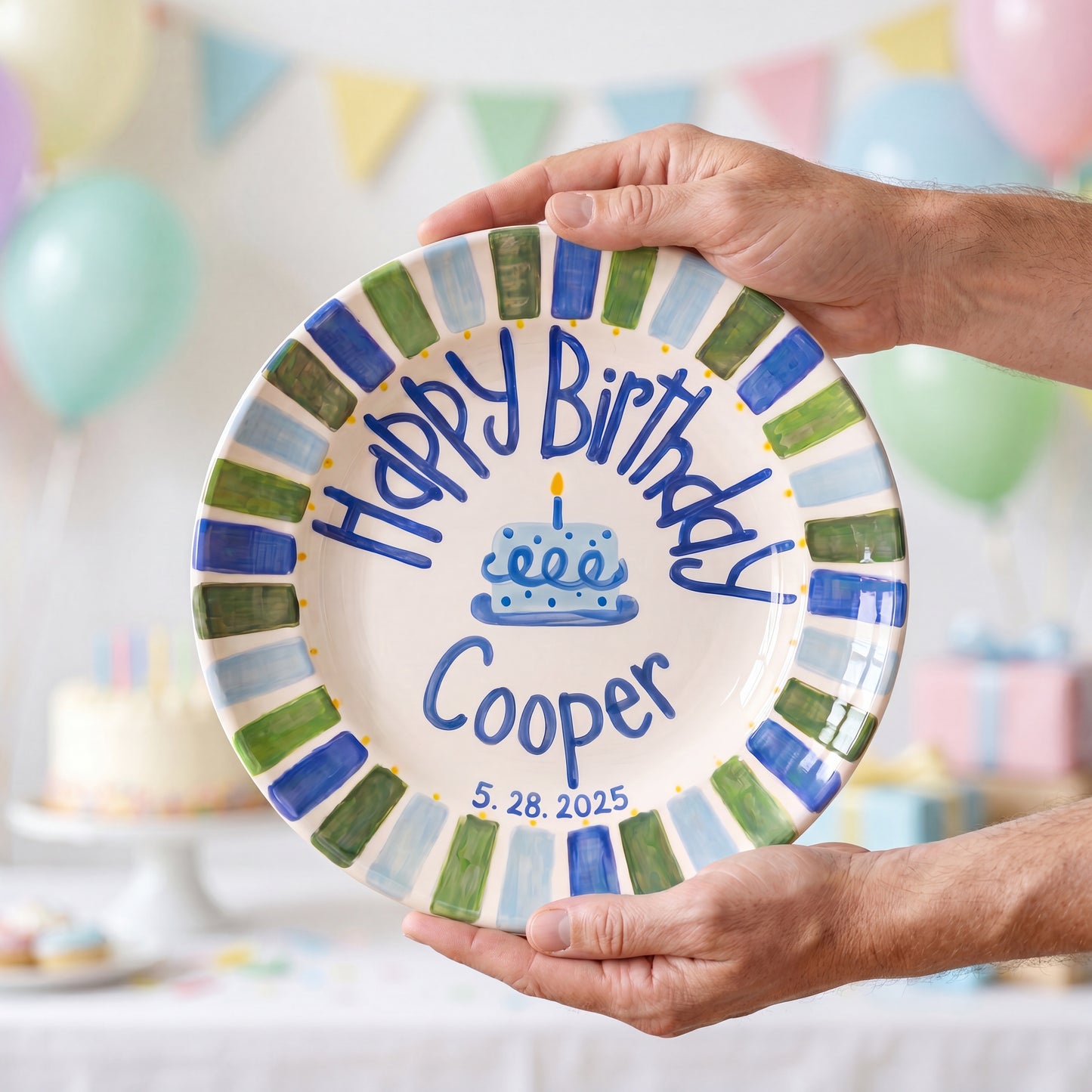 Personalized Birthday Plate – Blue Cake & Green Blue Striped Border Design | B049