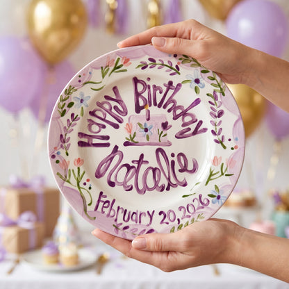 Custom Hand-Painted Birthday Plate Lavender Border Wildflowers, Heirloom Ceramic | BHL001