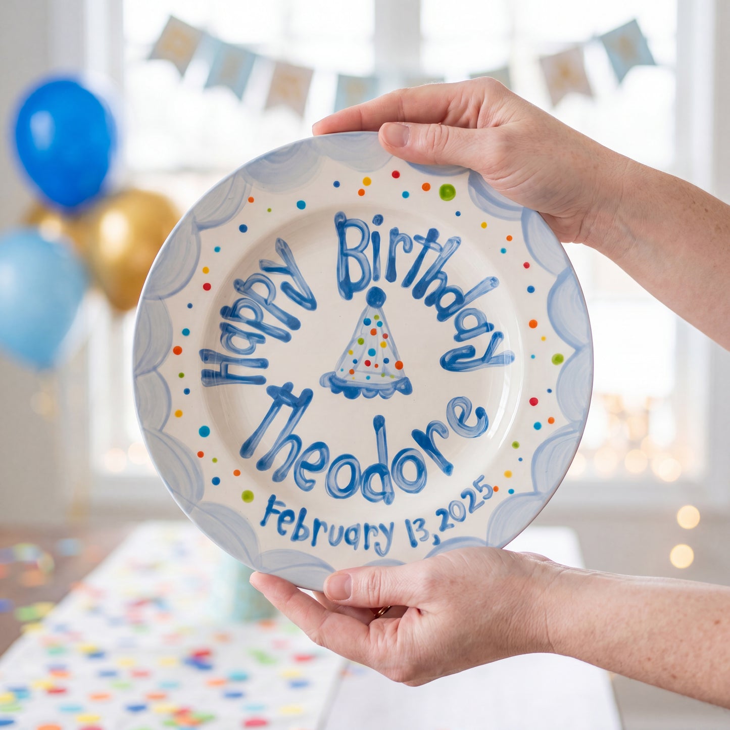Custom Hand-Painted Ceramic Boy's Birthday Plate Party Hat & Colorful Dots | BHL002