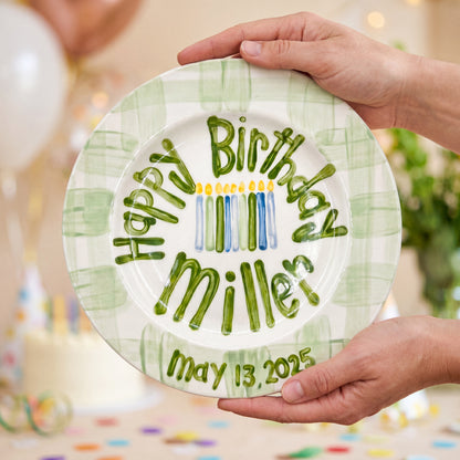 Personalized Birthday Plate Green Gingham Hand-Painted Ceramic | BHL003