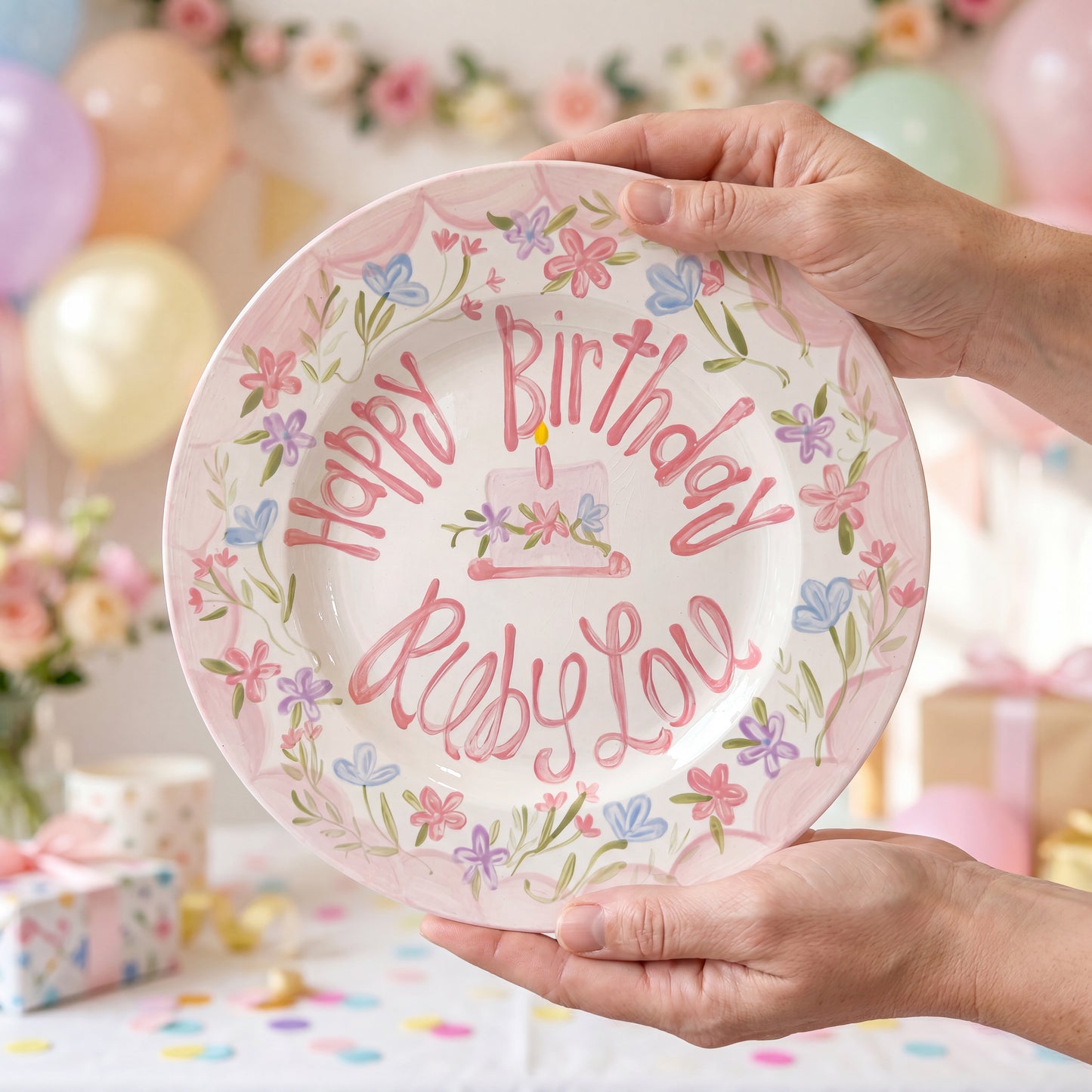 Personalized Handcrafted Ceramic Plate Heirloom Pink Border & Wildflowers | BHL004