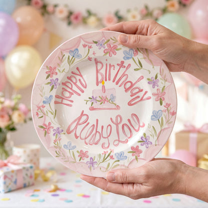 Personalized Handcrafted Ceramic Plate Heirloom Pink Border & Wildflowers | BHL004