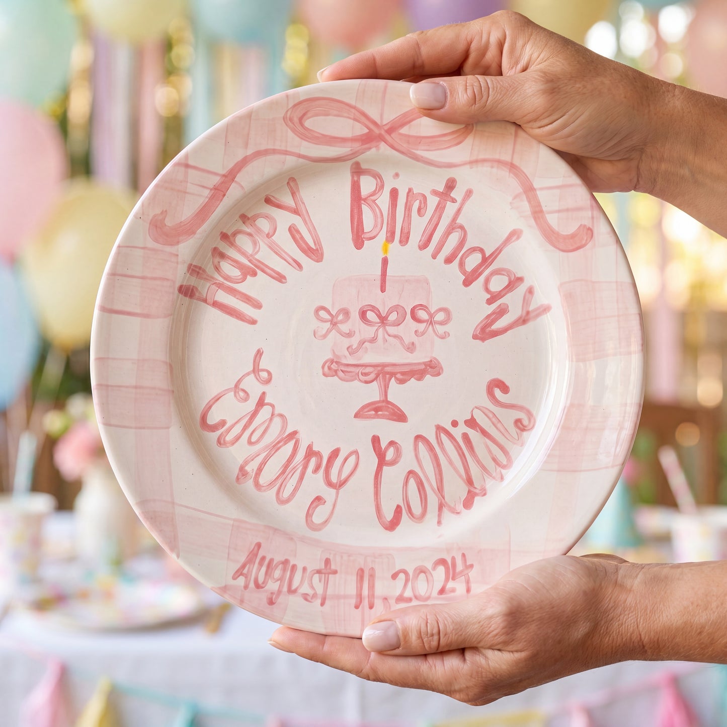 Personalized Handcrafted Ceramic Plate: Heirloom Bows & Pedestal Cake | BHL005
