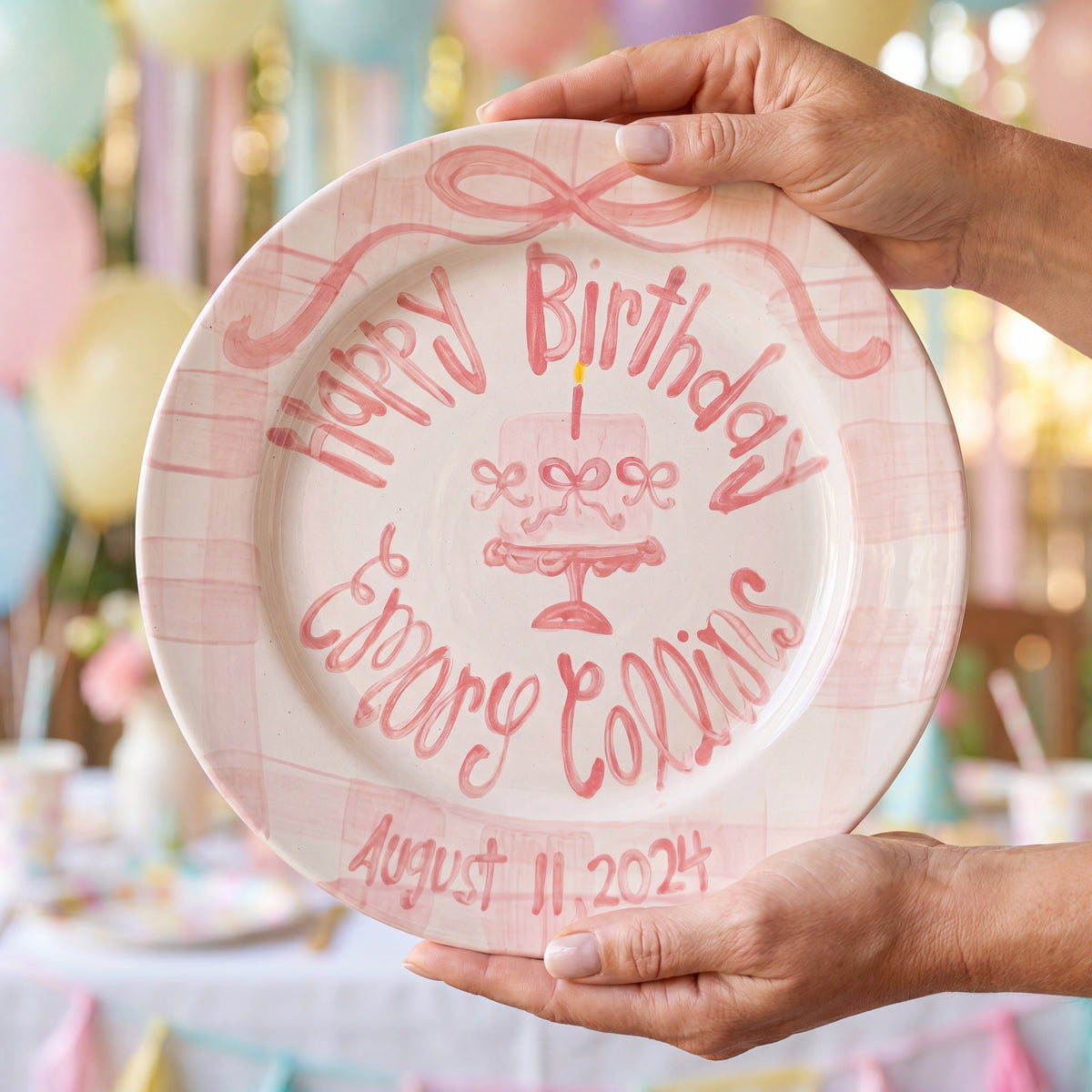 Custom Name Birthday Plate – Pink Gingham Bow Cake Design | BHL005