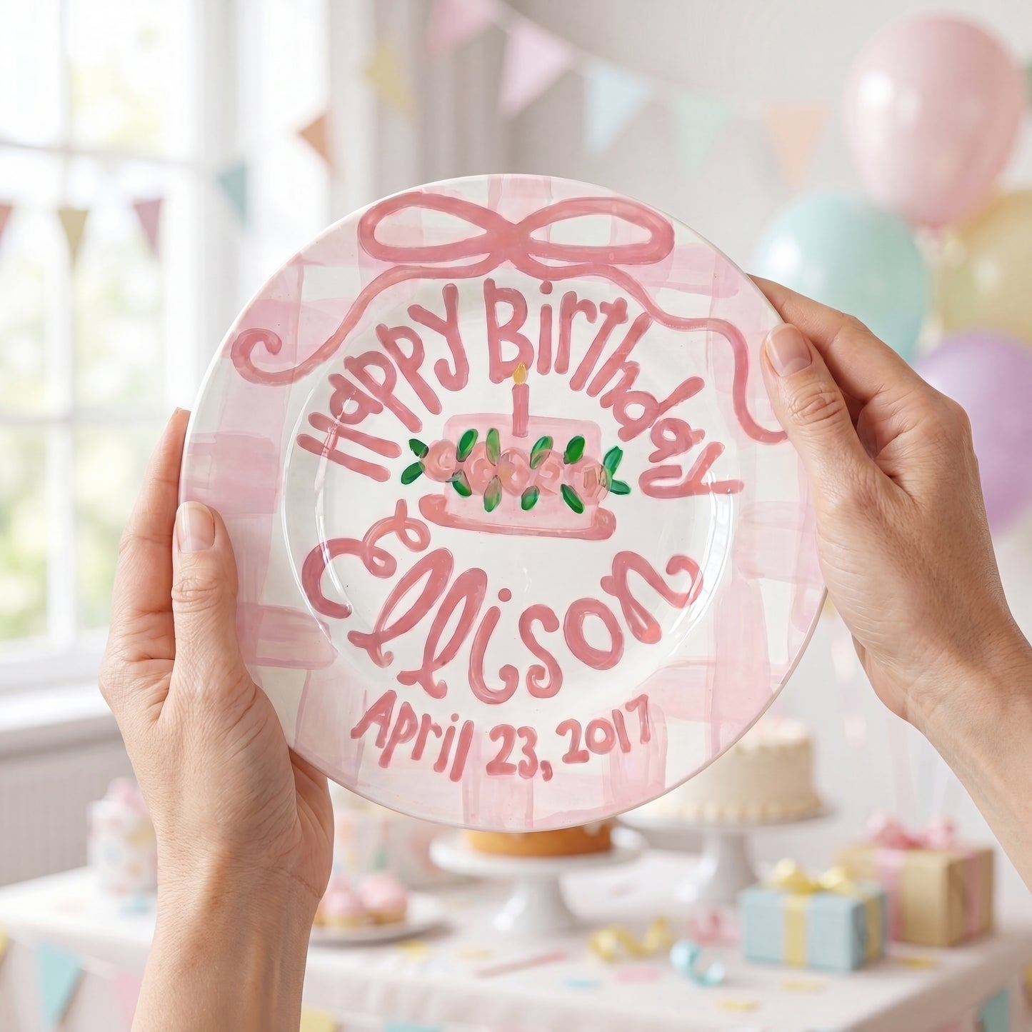 Personalized Birthday Plate – Pink Gingham Bow & Floral Cake Design | BHL006